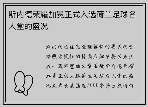 斯内德荣耀加冕正式入选荷兰足球名人堂的盛况 斯内德荣耀加冕正式入选荷兰足球名人堂的盛况