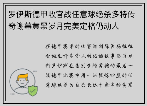 罗伊斯德甲收官战任意球绝杀多特传奇谢幕黄黑岁月完美定格仍动人