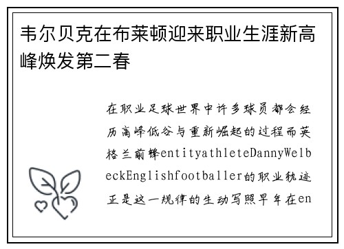 韦尔贝克在布莱顿迎来职业生涯新高峰焕发第二春